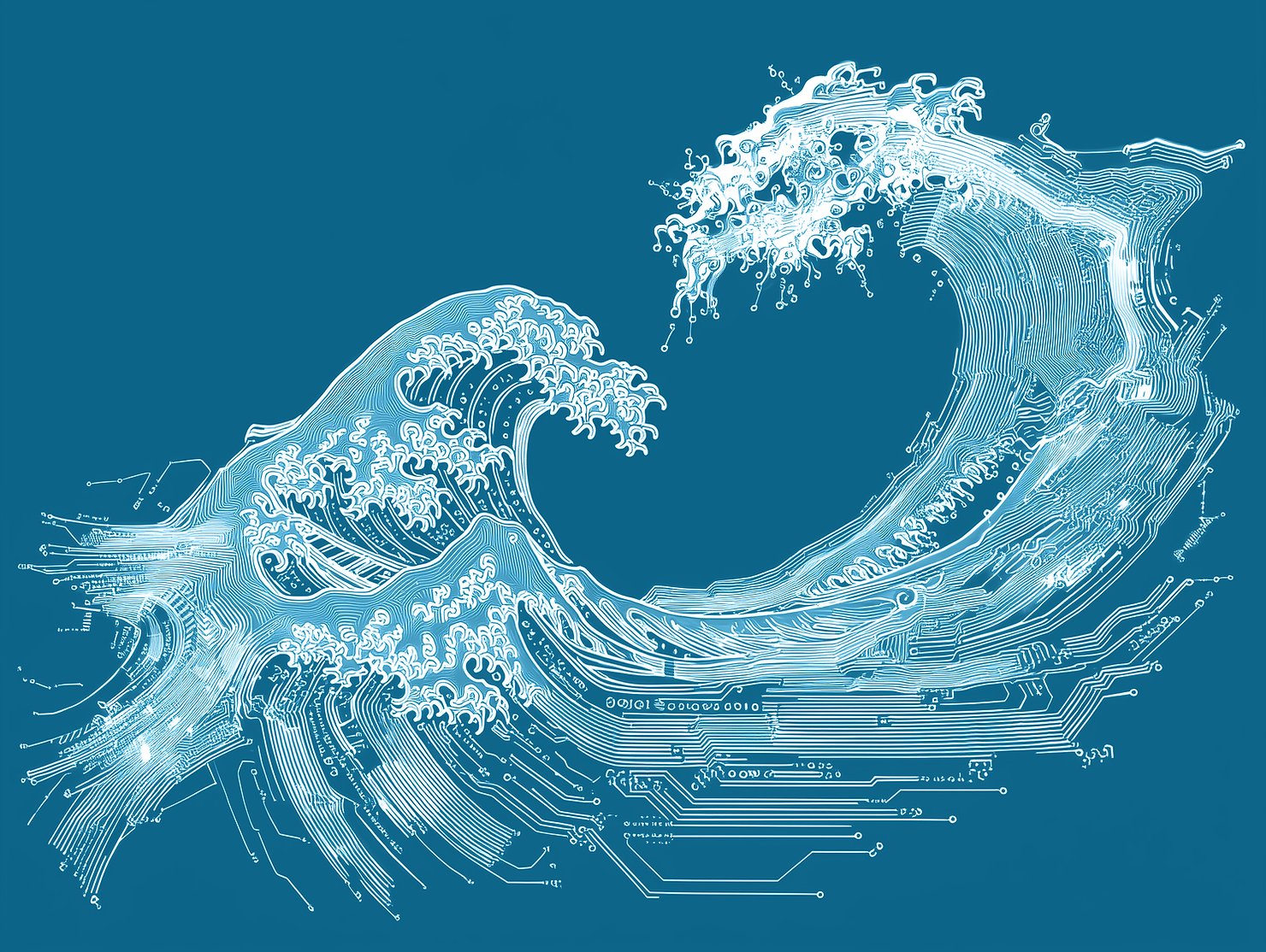 A great wave in the style of Hokusai, rendered from circuit-board lines