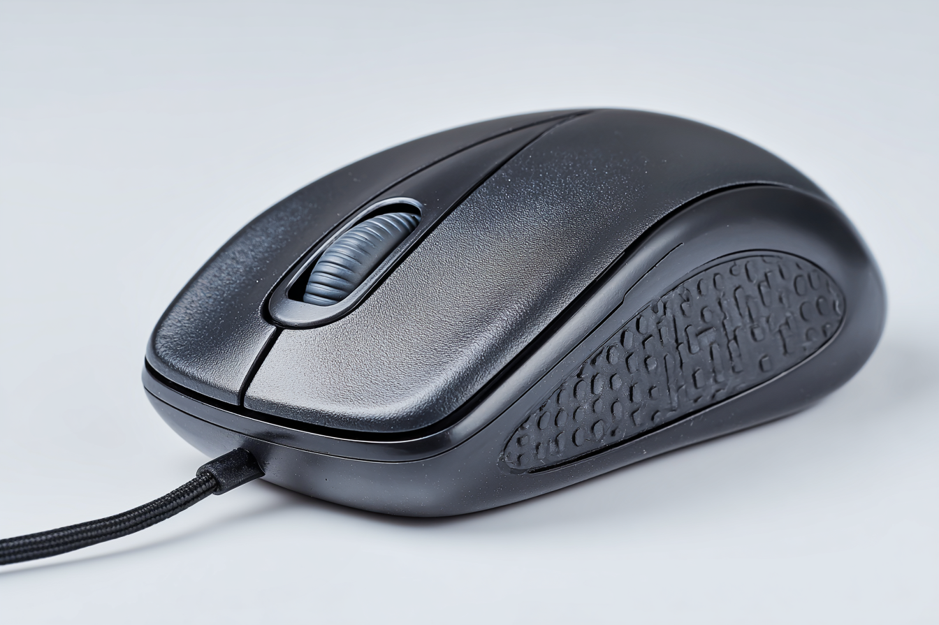 A computer mouse on a grey background